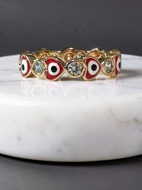Stunning Rose Gold Evil Eye & CZ Heart Eternity Ring - Size 5.75